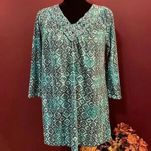 White Stag Women’s Large Teal 3/4 Sleeve Crocheted V Neck Pullover Top
